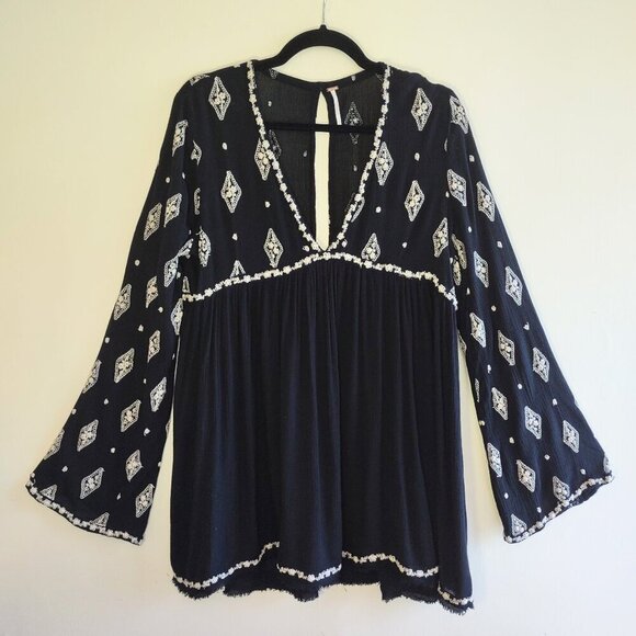Free People Diamond Embroidered Tunic Top/Babydoll Dress Women's Size Small Boho - Picture 4 of 11